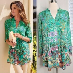 Soft Surroundings Luau Garden Blouse Green Floral Pintuck Sz Large Tank Liner